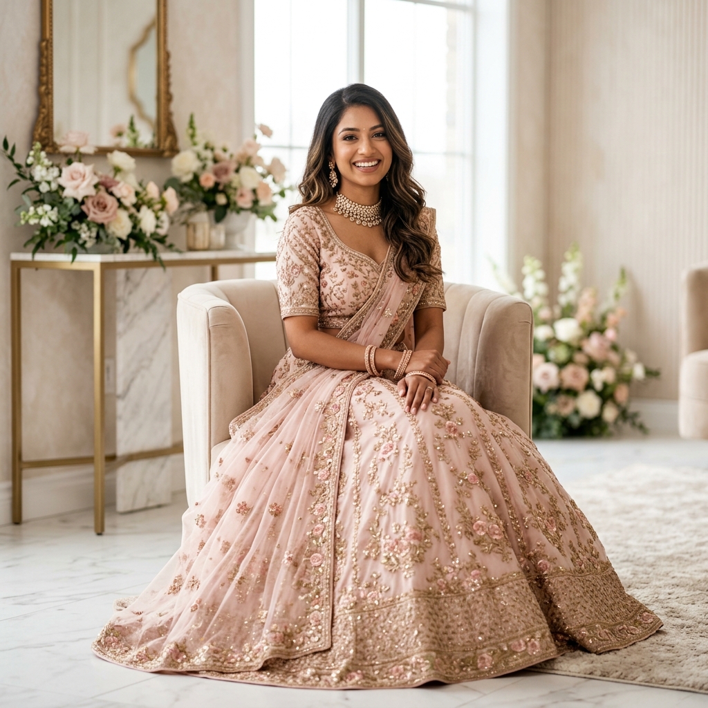 Confident Indian woman wearing blush pink custom lehenga