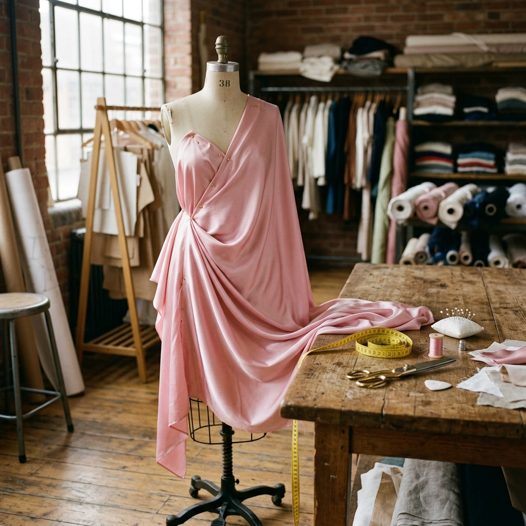 Tailor mannequin with pink silk fabric drape
